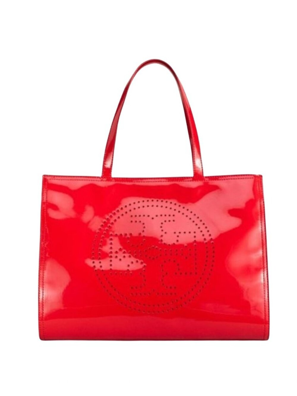 Tory Burch Ella Red Patent Leather Canvas Monogram Large Bag Tote Gold
